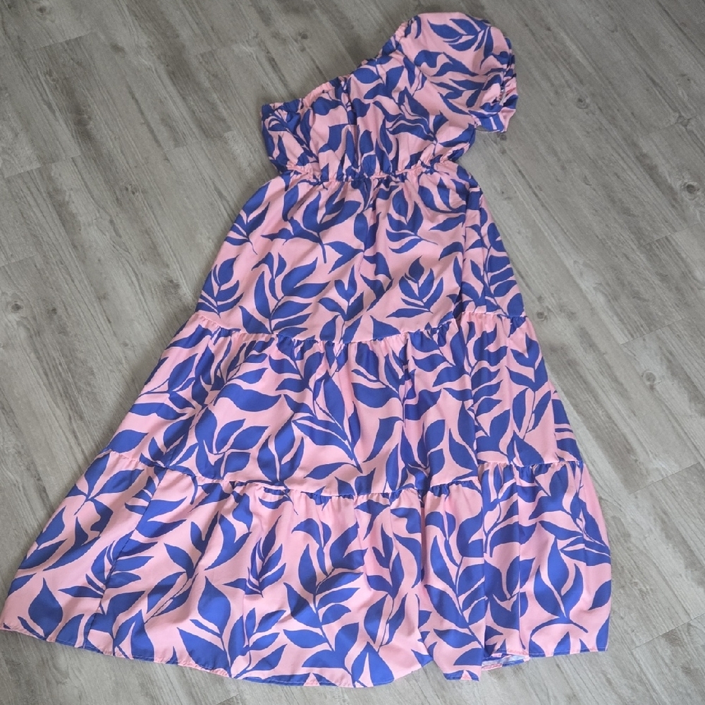 Pink and Blue One-Shoulder Dress